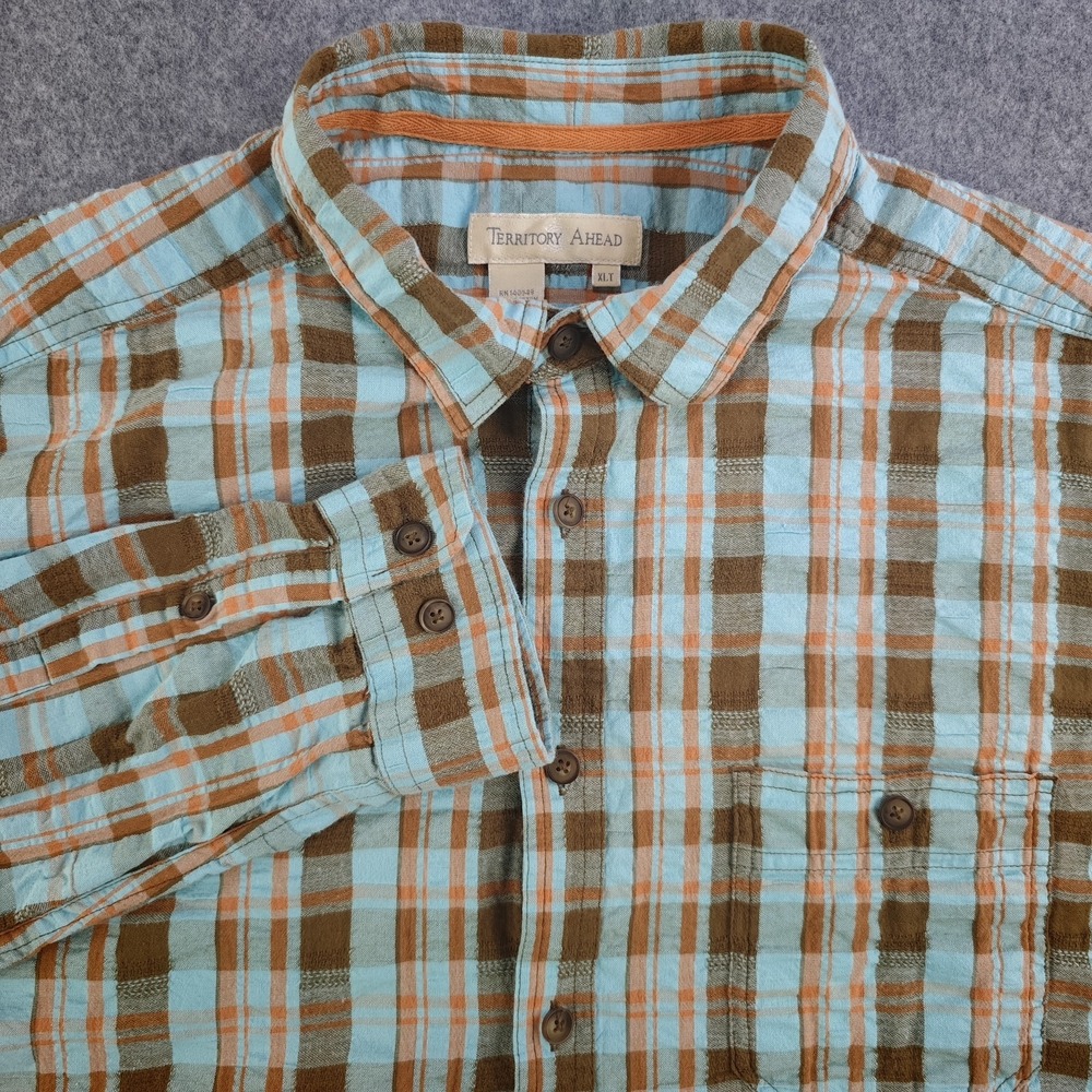 Territory Ahead Shirt Mens XLT Tall Long Sleeve Seersucker Blue Brown Plaid